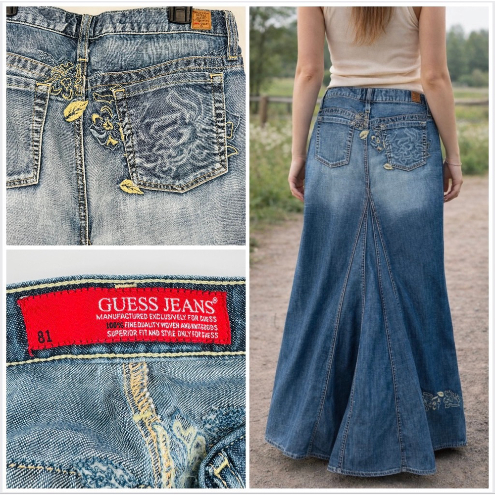 Y2K Guess Embroidered Flared Denim Maxi Skirt Size 26 Roses Western Boho